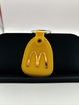 Vtg McDonalds Plastic Yellow Keychain Key Ring M Gold Foil Fast