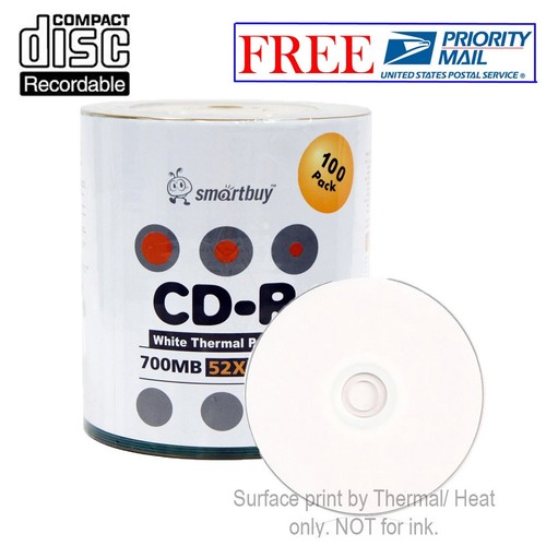 100 SmartBuy CD-R CDR 52X 700MB/80Min White Thermal Hub Printable Disc ...