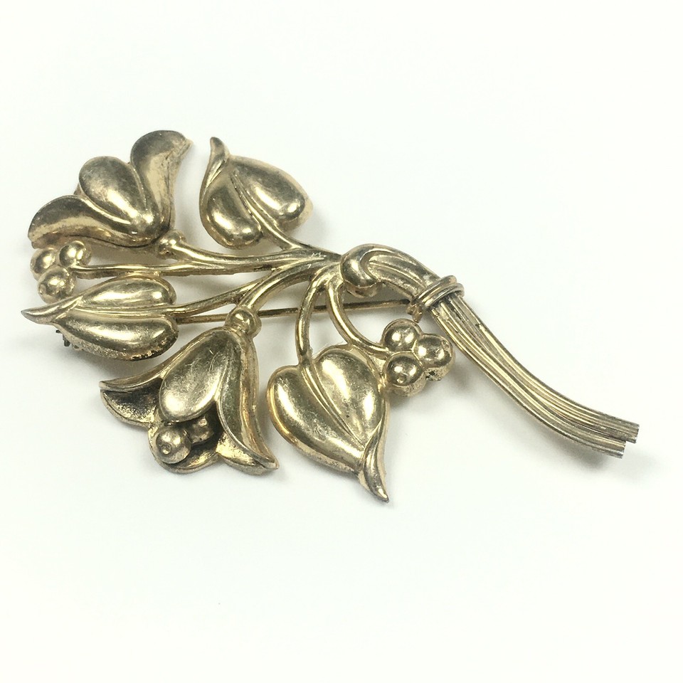 Vintage Coro Floral Bouquet Brooch Pin Sterling Silver Gold Vermeil 3