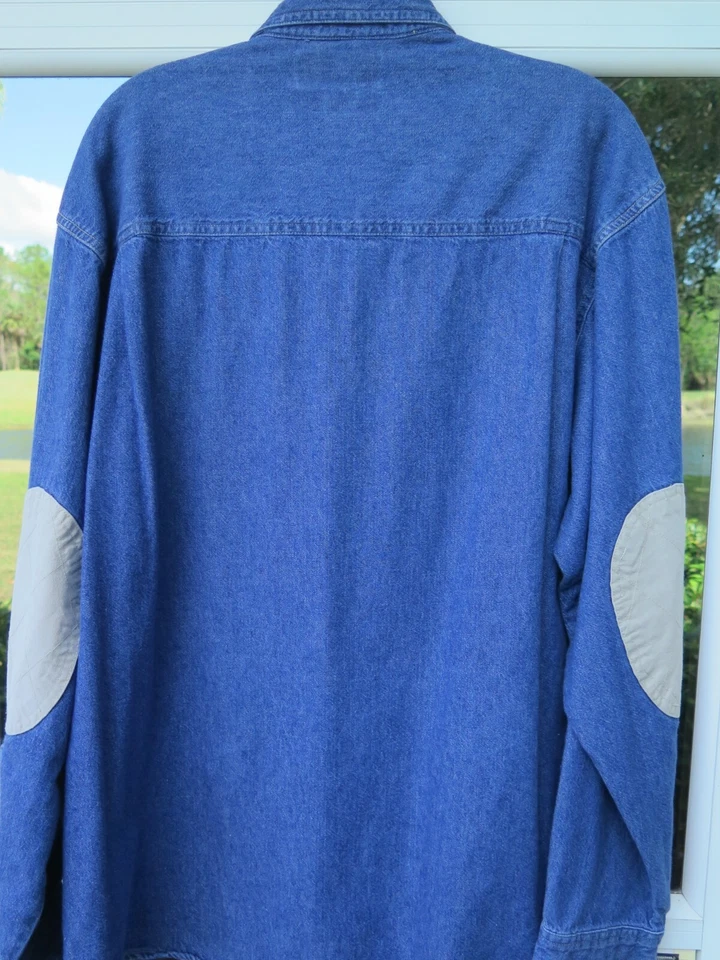 Columbia Hombres Azul Denim Beige Parches en el Codo Acolchado Caza Tiro Camisa Mediana Foto 2 de 4