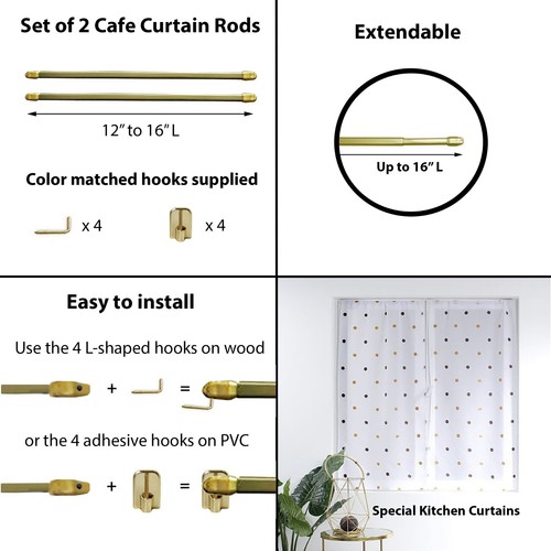 Bundle 2 Adjustable Café Curtain Rods and 4 Adhesive Hooks - Picture 13 of 17