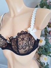 BNWT ENVIES by LEJABY Black Lace BOW TRIMMED Sheer Lace Underwired Bra 32 D