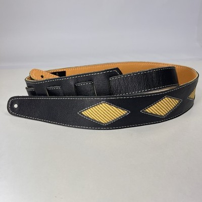 Henry Heller Leather Series, 2'' Wide Guitar Strap, Black with Tweed Diamond