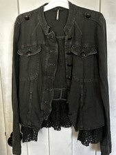 Free People Jacket Womens XS Emilia Olive Green Military Utility Linen Boho