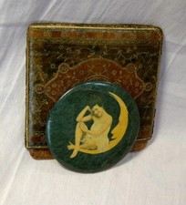 Vintage Celluloid Pocket Mirror Shapely Lady On Moon W/Tooled Leather Holder