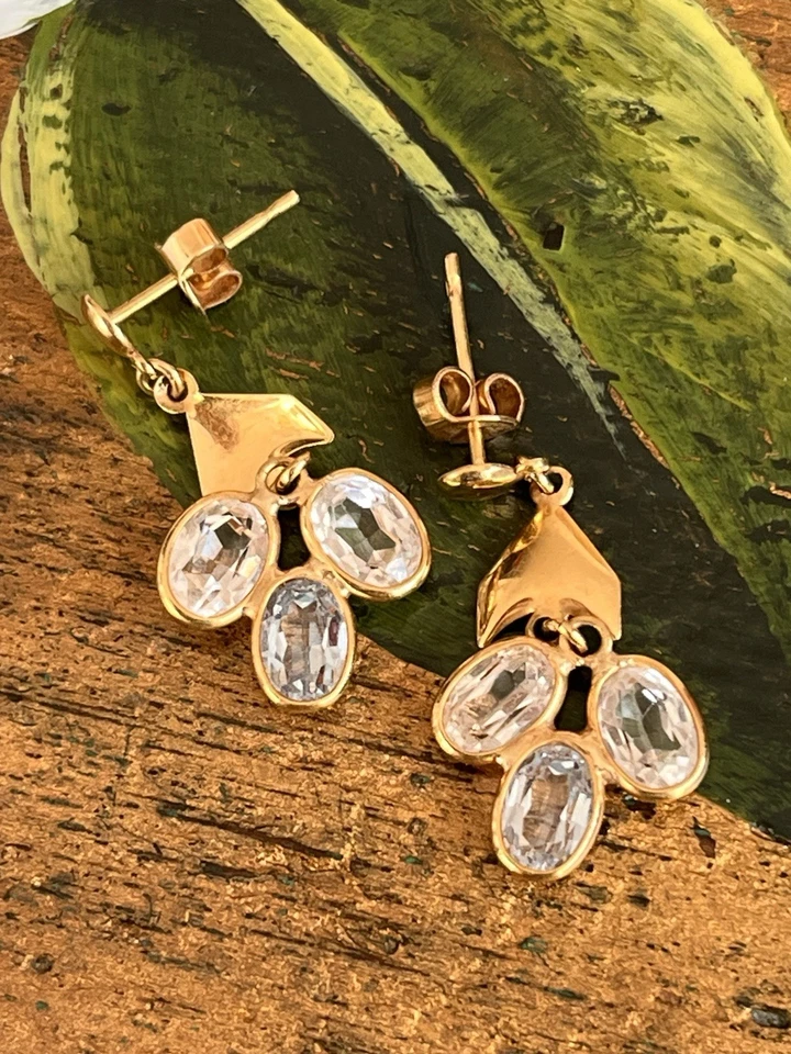 Orecchini pendenti oro giallo 18K 3,76g con pietre ovali trasparenti vintage - Immagine 3 di 4