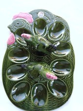 Vintage Green Deviled Egg Platter with Chicken w/matching Salt & Pepper Shakers