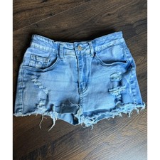 SHEIN Womens Distressed Denim Shorts Light Wash Blue Frayed 4S 0084