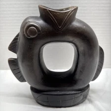 Black Clay Oaxacan Art Pottery – Handcrafted Fish Sculpture Open Mouth, Mexico