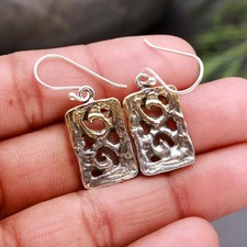 925 Sterling Silver Textured Rectangle Swirl Dangle Women Party Wear Earrings