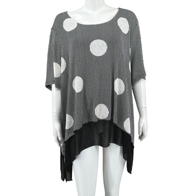 Ali Miles Top Womens Plus 3X Black White Polka Dots Tunic Knit Stretch Sheer Art