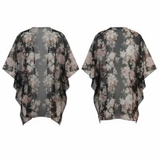 black floral kimono cardigan featuring a sheer fabric, open front