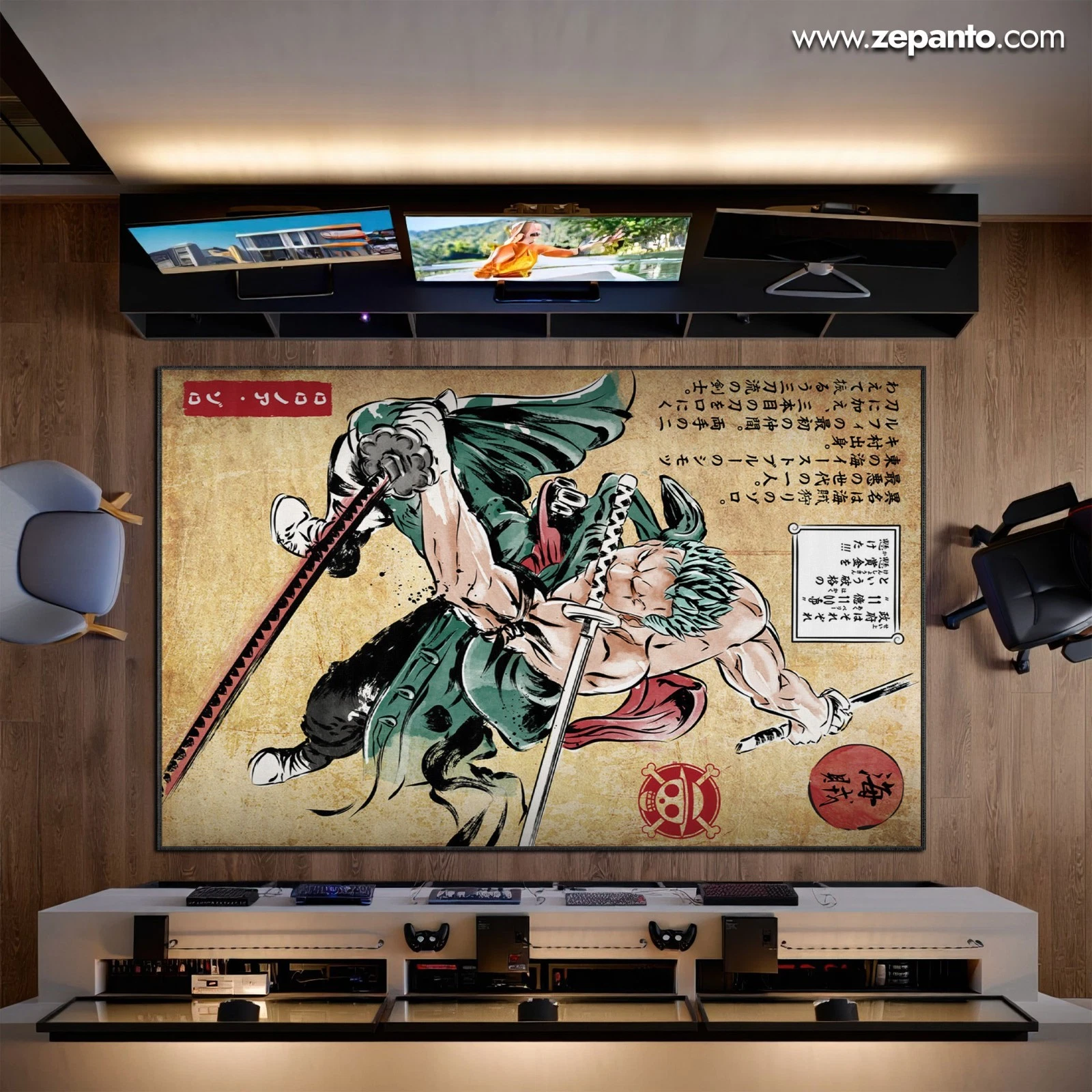 Zoro Rug Samurai Anime Japanese Art Style Gamer Room Otaku Carpet