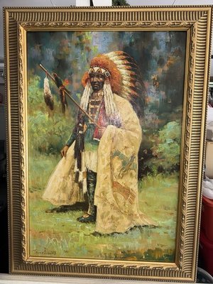 #ad Troy Denton Framed Signed Large Realism Portrait Painting Native American Chief $1850.00