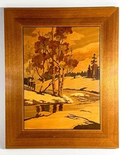 Marquetry Wood Inlay Picture UNTITLED Snow Scene By William Bader 15”x12”