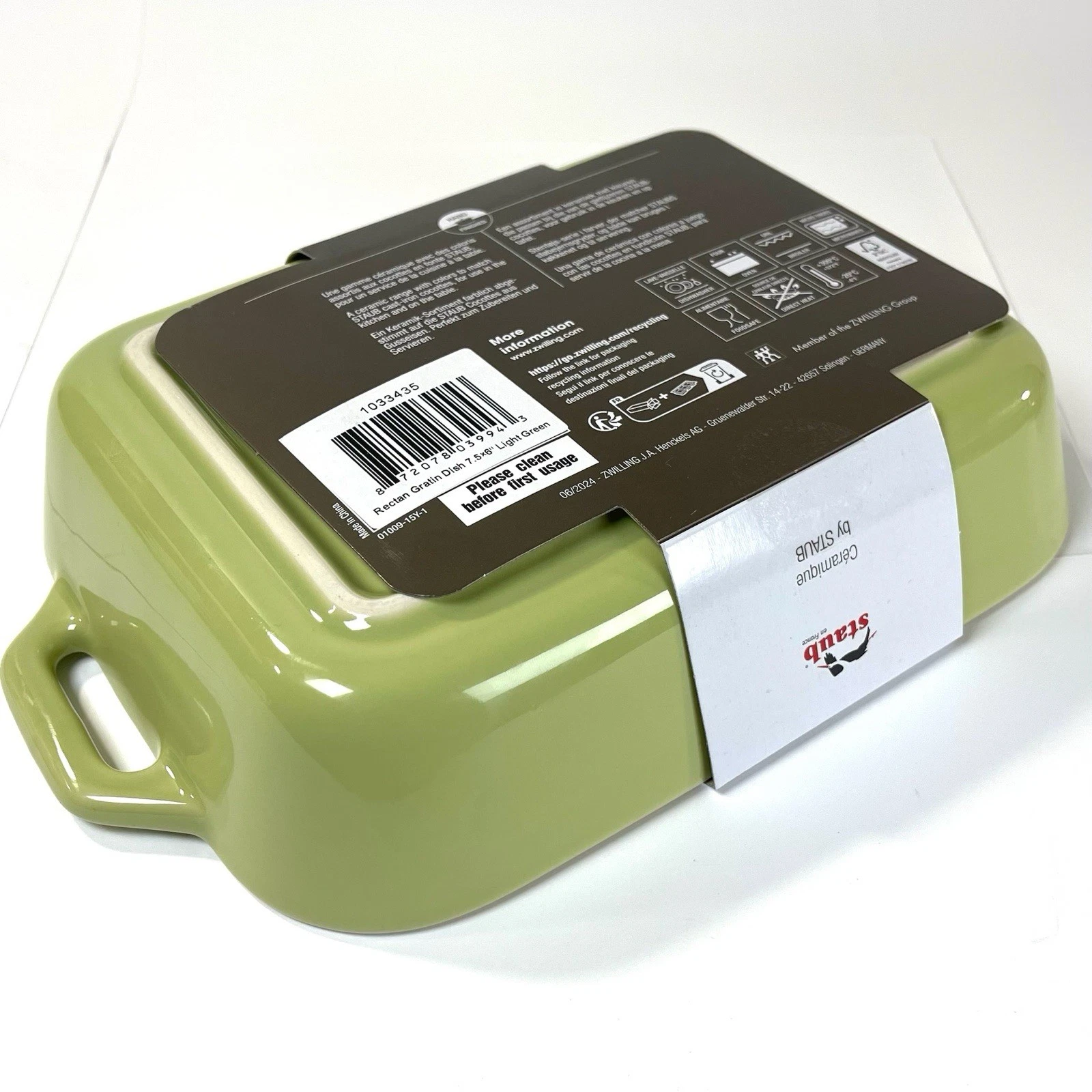 STAUB Rectangle Gratin Dish 7.5"x6" Light Green Ceramic Baking Pan New 1.05 Qt
