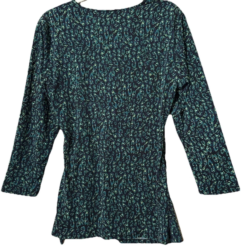 Blusa Camisa Blusa Jaclyn Smith Top S Verde Negra Estampado Leopardo Tejido Elástico Imitación Envolvente Foto 4 de 4