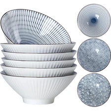 Set Of 6 Large Mixing Bowl Bowls 38 Oz Japanese Ramen 8-inch Ceramic Soup Blue