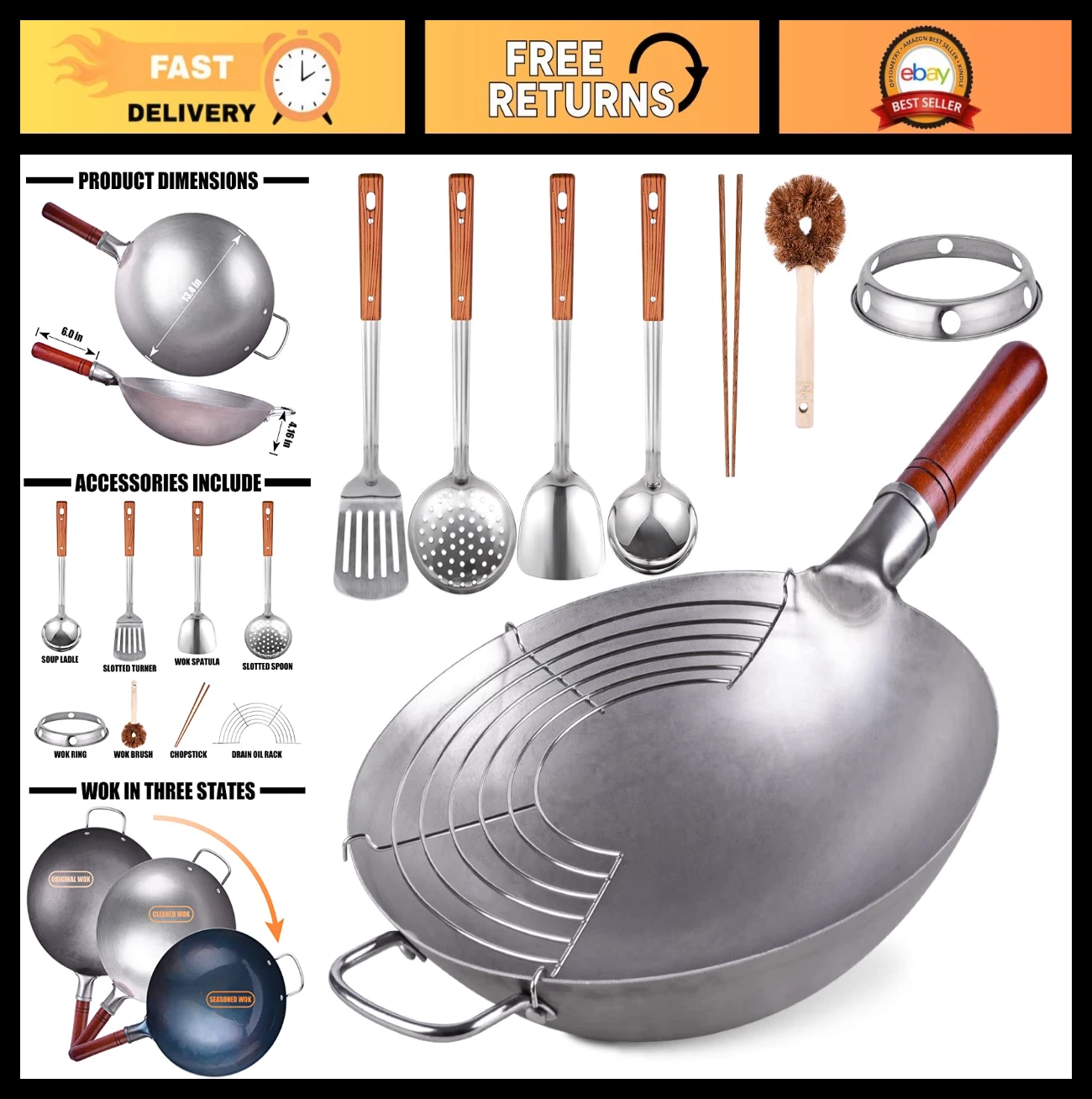 Hand Hammered Carbon Steel Wok 13.4" Round Bottom Pan + 8 Cookware Accessories