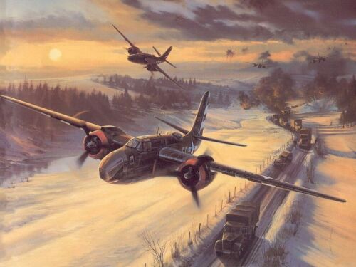 "WELTKRIEG 2 US Flugzeuge fliegen über einen LKW Konvoi Bombenangriff Gemälde 8 x 10"