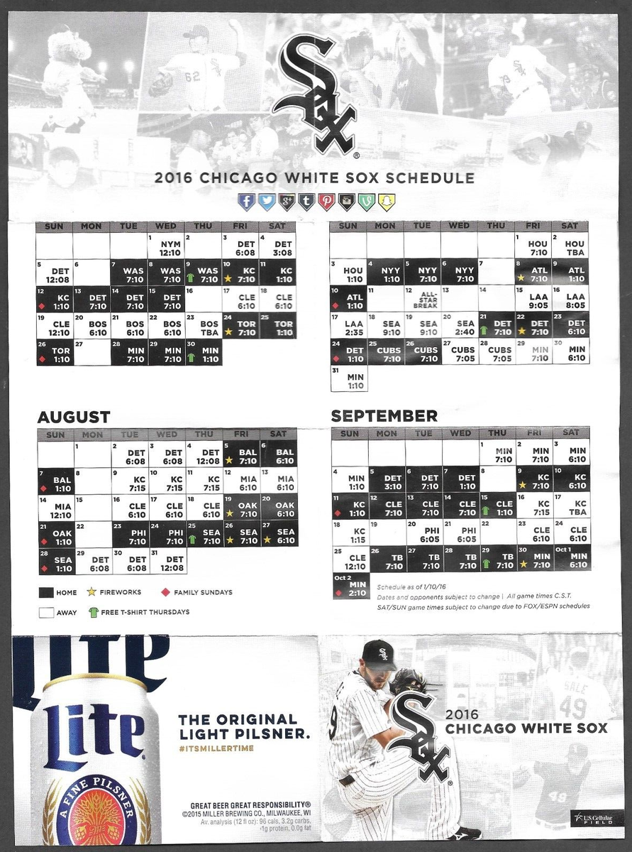 2016 CHICAGO WHITE SOX Lite Beer Regular Season POCKET SCHEDULE VG