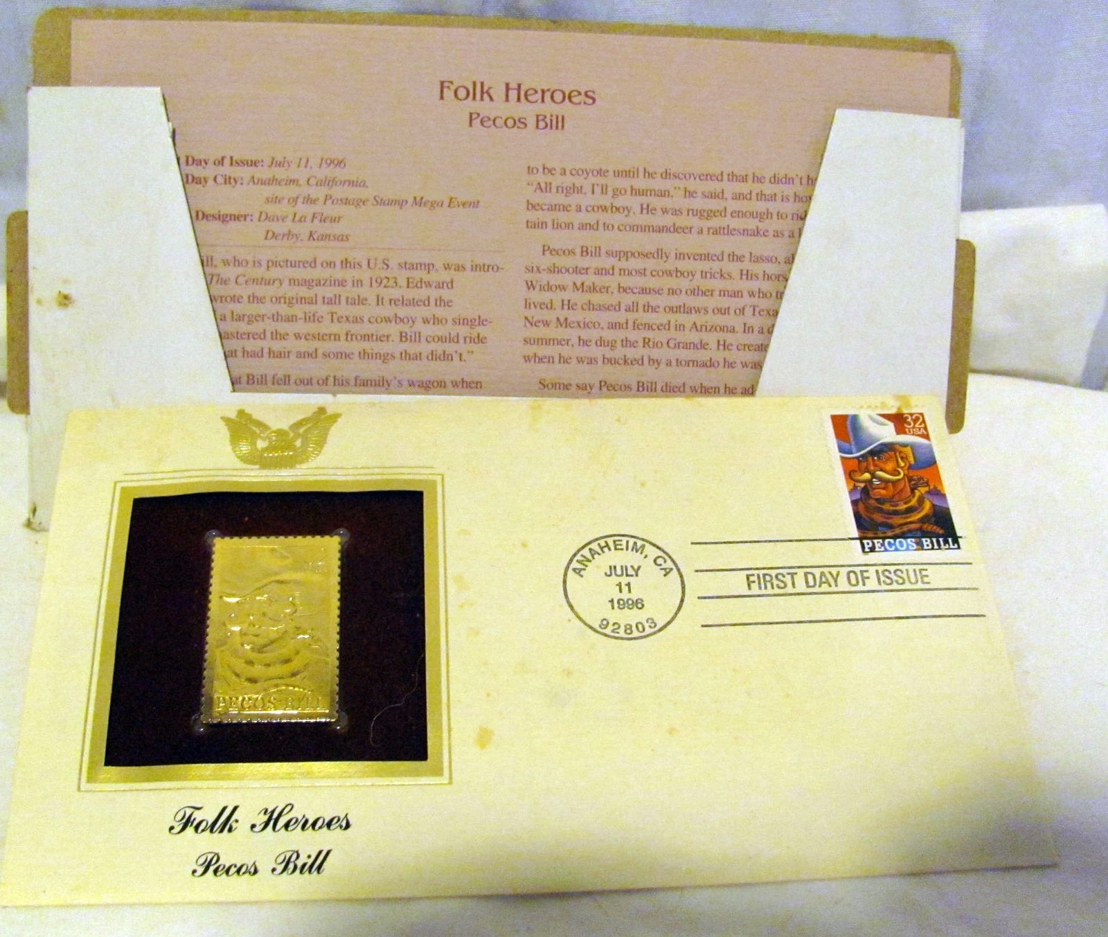 1st day issue stamp Pecos Bill, folk heroes, gold tone eBay
