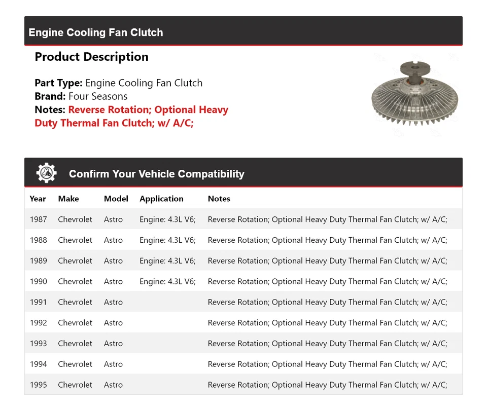 Embrague ventilador refrigeración motor Chevrolet Astro 1987-1995 4 estaciones 1988 1989 1990 Foto 2 de 4