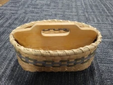 Beige w Gray Trim Woven Cracker Bread Basket Divider Wooden Bottom 5.5"x10.5