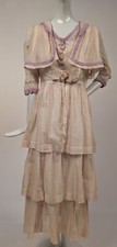 EDWARDIAN STRIPED MUSLIN DRESS W LAVENDER SILK EDGING  TRIPLE TIERED SKIRT