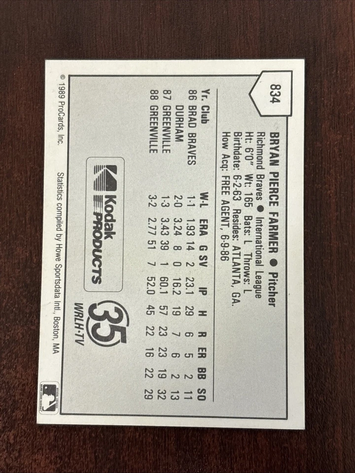 1989 ProCards #834 Bryan Farmer AUTO Richmond Braves AUTOGRAPH Signed - Image 2 of 2