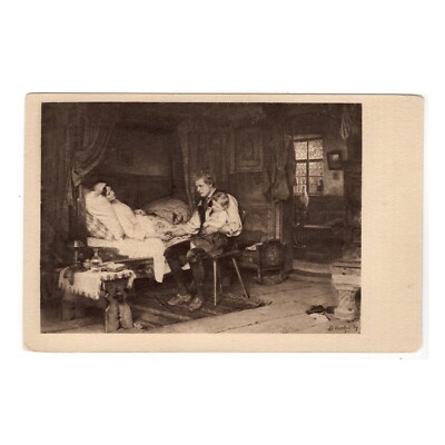 Artist postcard by Benjamin Vautier/father with child ''at the hospital bed'' of mother