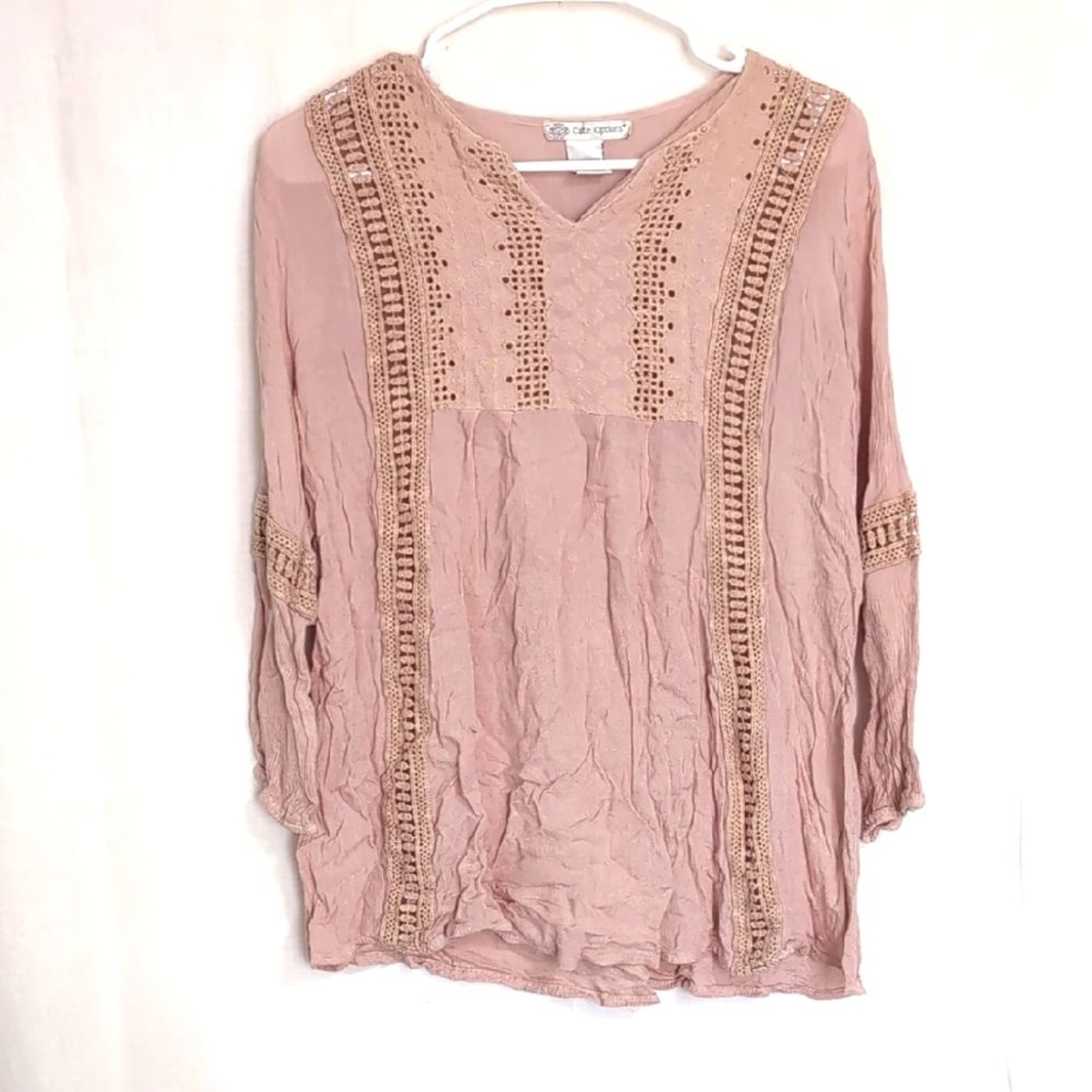 Vintage Blush Pink Rayon Embroidered Long Sleeve Blouse Size M