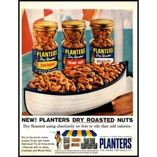 1964 Planters Dry Roasted Nuts Vintage Print Ad Mr Peanut Wood Canoe Wall Art