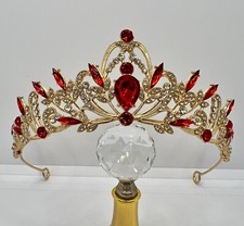 Tekelamon Tiara Golden Queen Tiara with Red Rhinestones Henna Crown