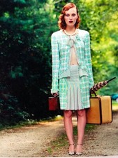 CHANEL VINTAGE 04C Ecru Green FRINGED Jacket Bow CC buttons CC cufflinks FR40-38