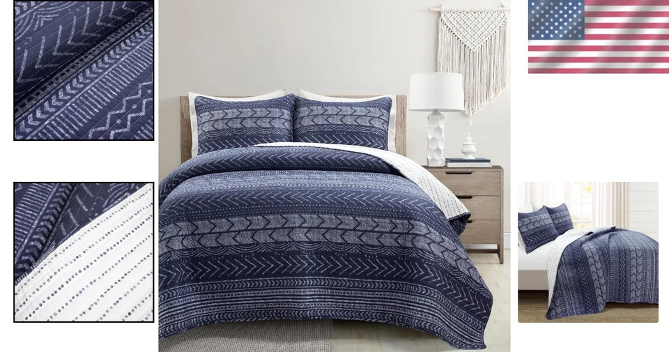 Juego de edredón a rayas azul marino de 3 piezas - tamaño king con diseño geométrico reversible Foto 2 de 4