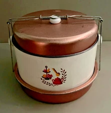 Cake & Pie Carrier Coppertone Tin Metal Tote Saver Cover 3 Tier Mid Century VTG