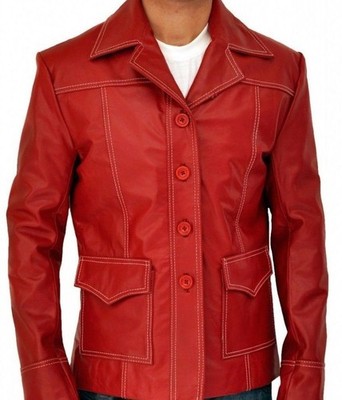 Herren Fight Club Brad Pitt Tyler Durden Echtleder Jacke Hemd Rot FC Mantel