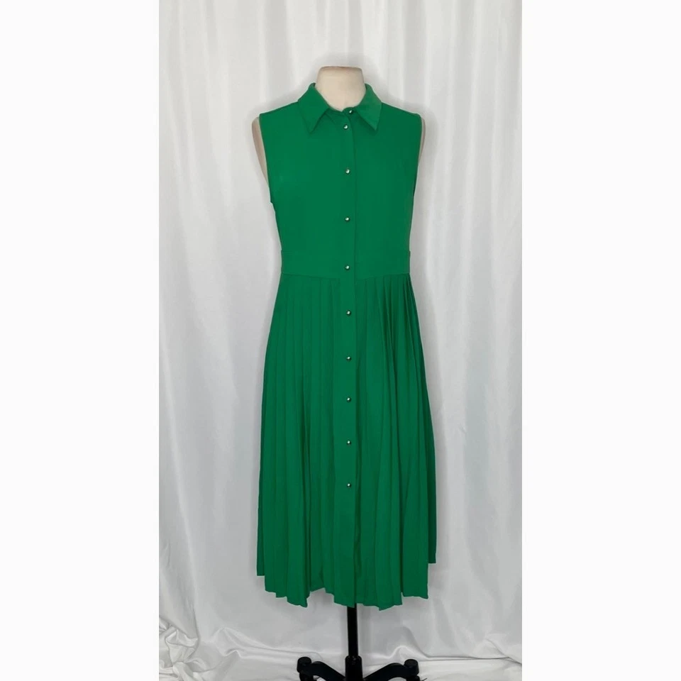 ¡¡NUEVO CON ETIQUETAS!! Vestido Camisa KAREN MILLEN Suave Sastre Plisado Sin Mangas Verde Sólido EE. UU. 8 Foto 2 de 4