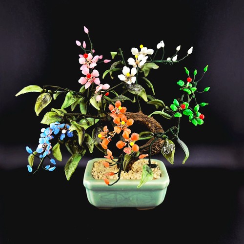 Vintage Jade Glass & Wire 8" Bonsai Flower Tree - Beautiful Colors - Gorgeous