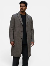 ZARA Mens Long Gray Herringbone Overcoat Butt...