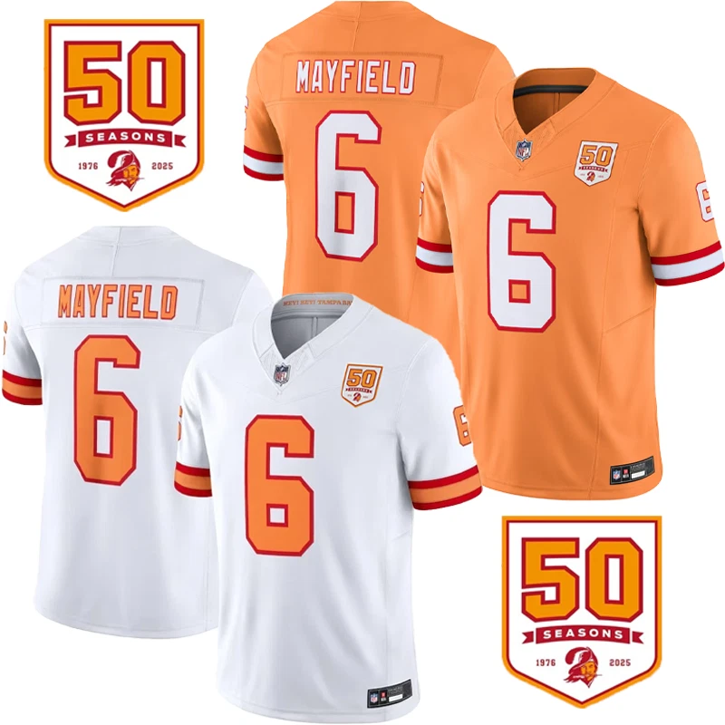 Men's '76 Buccaneers #6 Baker Mayfield White/Orange 50th Season Stitched Jersey