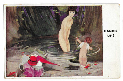 Comic Künstler gezeichnete Postkarte HÄNDE HOCH! Nackte Frauen baden in einer Umfrage & Amor Akt