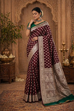 Maroon Banarasi Silk Saree, Gold Zari Buti, Katan Silk, Ethnic Party Wear