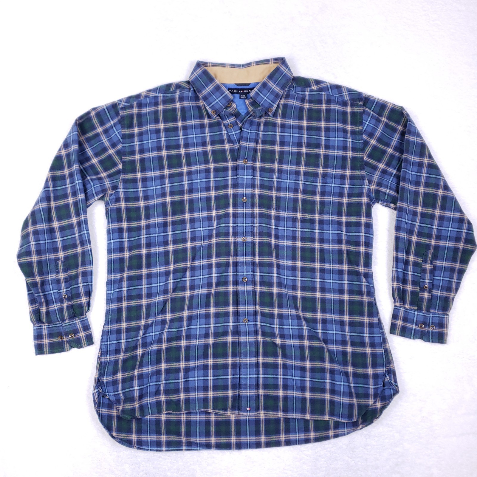 Vintage Tommy Hilfiger Plaid Flannel Button Shirt XL Blue Green Cotton 90s