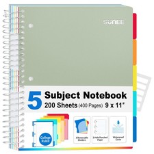 5 Subject Notebook College Ruled - 200 sheets 400 Pages , 9"x11", 5 Pocket C...