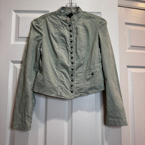 Vintage GAP Y2K Corduroy Jacket Womens Light Green Military Brass Buttons Size 8
