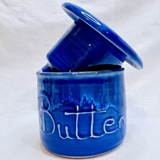 Art Pottery French Bell Butter Keeper Crock Hand Made Blue Drip Glazed 3" X 4"