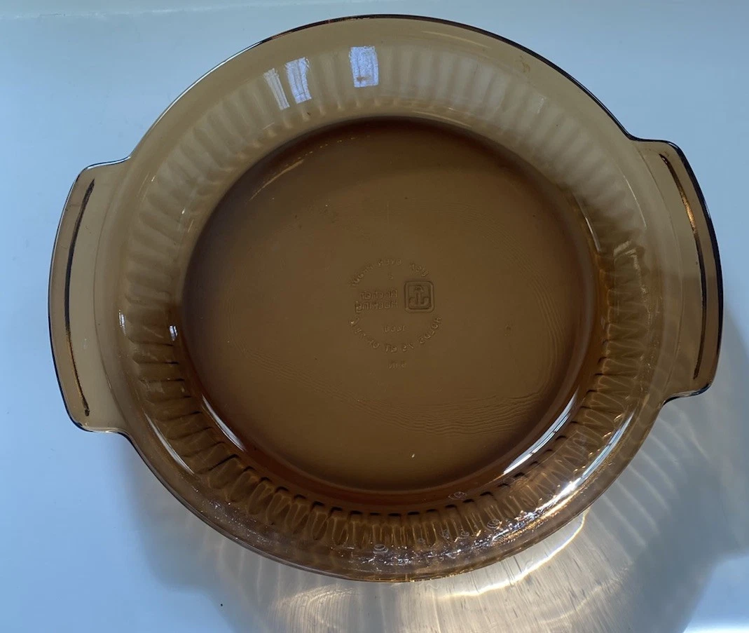 Fire King Anchor Hocking Glass Pie Plate Dish Handles Amber 9" Ribbed Side #460