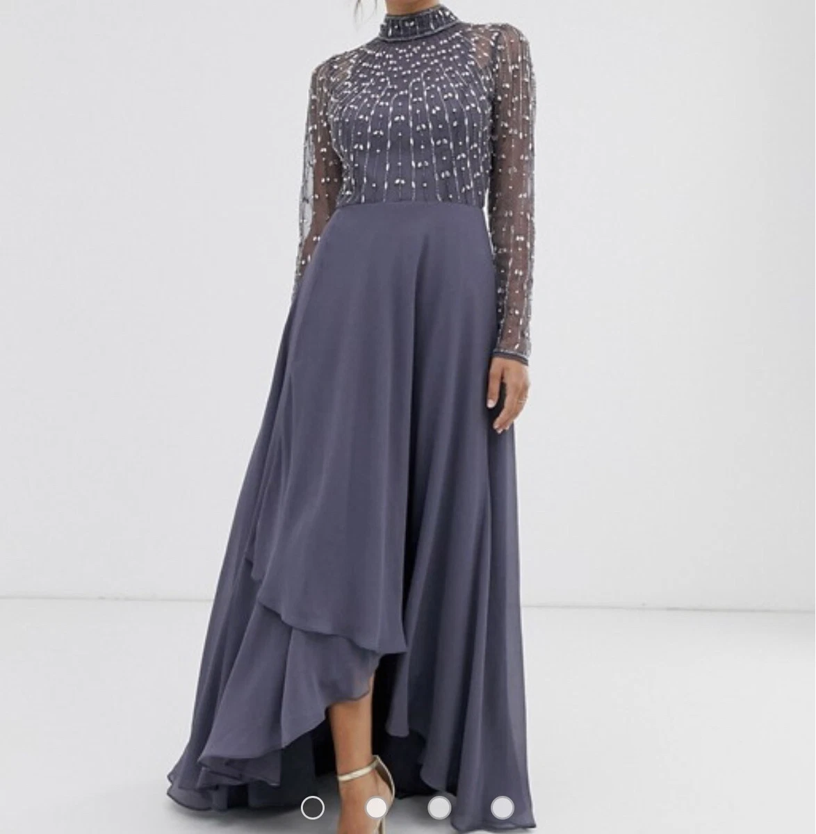 ASOS DESIGN Maxi Dress With Linear Embellished Bodice And Wrap Skirt Grey Size 4